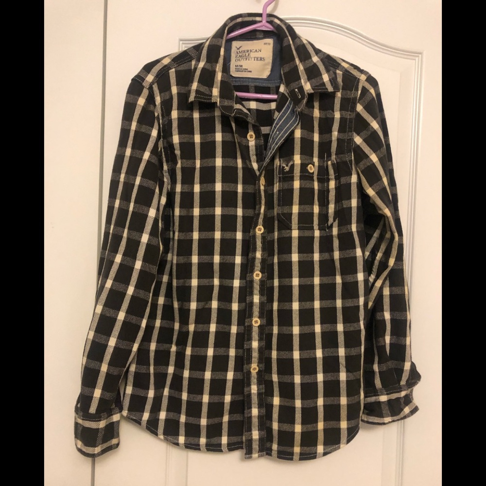 Men’s/unisex plaid shirt/shacket, mocha brown, cream, medium, cotton, M